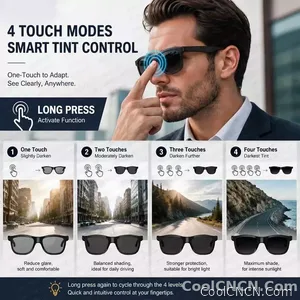CoolWiz Smart Glasses, 4 Levels Electrochromic — New Business Style for Men, 164+ Translation Languages via ChatGPT, Black Sunglasses, Waterproof, suitable for outdoor sports and everyday use - view 3