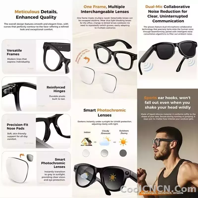 CoolWiz Smart Glasses Baru 3600MAh Pengecas Mudah Alih M02ultra Wanita 800W Kamera AI Terjemahan Rakaman Video Pemain Muzik Cermin Mata Panggilan Lelaki Untuk Sukan Luar Penggunaan Harian - detail