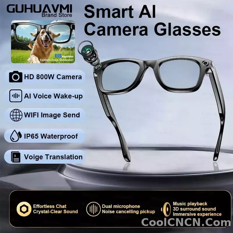CoolWiz smart glasses with a 1080P video camera, black sunglasses, Bluetooth call translation, music playback, recording, men’s photochromic glasses for outdoor sports and everyday use - detail