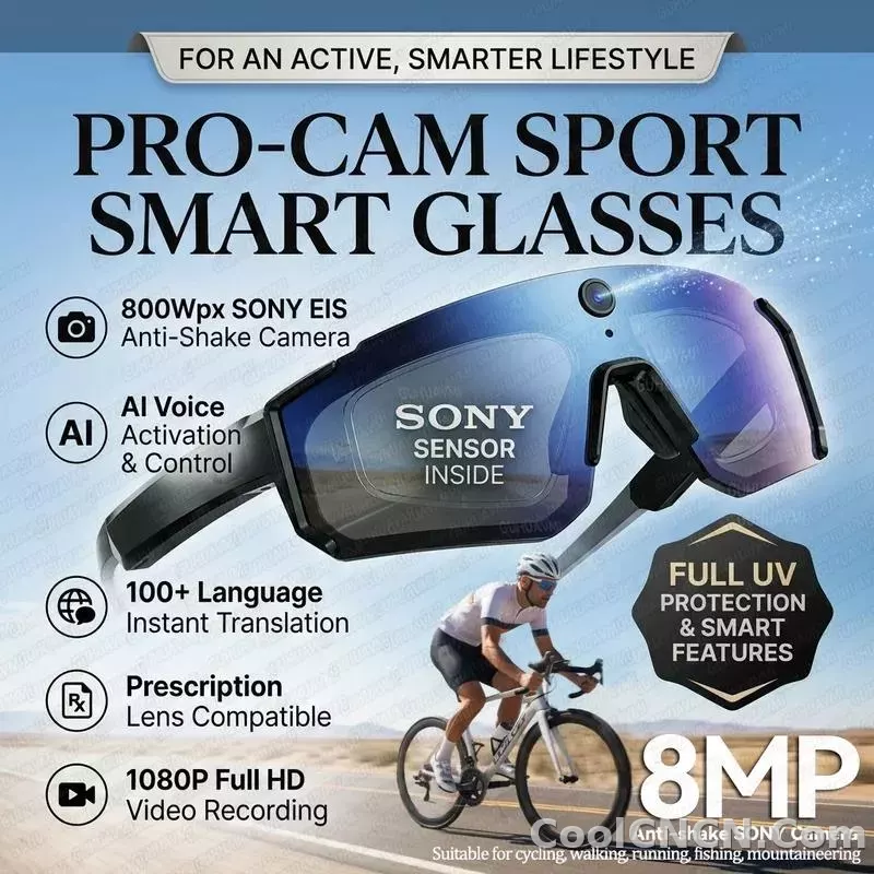 CoolWiz WiFi smart 8MP camera glasses for men, 1080p HD video recording, 32GB storage, polarized sunglasses with AI voice dialogue translation, suitable for sports and outdoor daily use - detail
