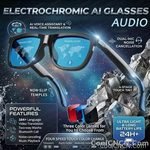 CoolWiz Cermin Mata Pintar Audio Lensa Elektrochromic Sentuhan 4 Kelajuan Baharu 164+Terjemahan Bahasa Panggilan Bluetooth Cermin Mata Hitam Muzik ChatGPT Untuk Sukan Luar dan Penggunaan Harian - view 1