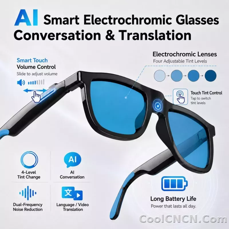 CoolWiz Cermin Mata Pintar Bluetooth 4 Tahap Elektrochromic AI Baharu ChatGPT 164+Terjemahan Bahasa Muzik Panggilan Bebas Tangan Cermin Mata Hitam Untuk Sukan Luar Penggunaan Harian - detail