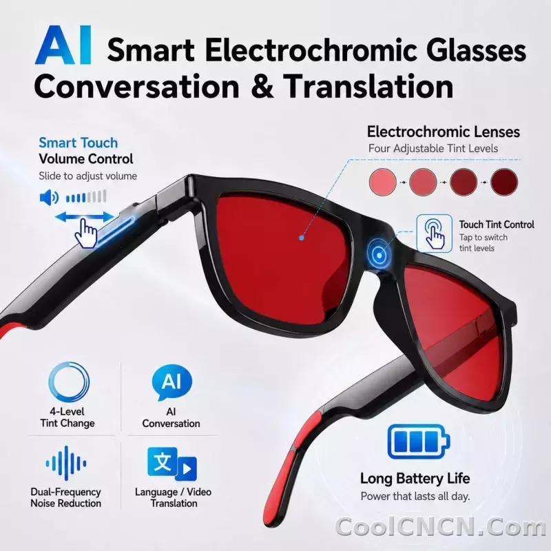 CoolWiz Cermin Mata Pintar Bluetooth 4 Tahap Elektrochromic AI Baharu ChatGPT 164+Terjemahan Bahasa Muzik Panggilan Bebas Tangan Cermin Mata Hitam Untuk Sukan Luar Penggunaan Harian - detail