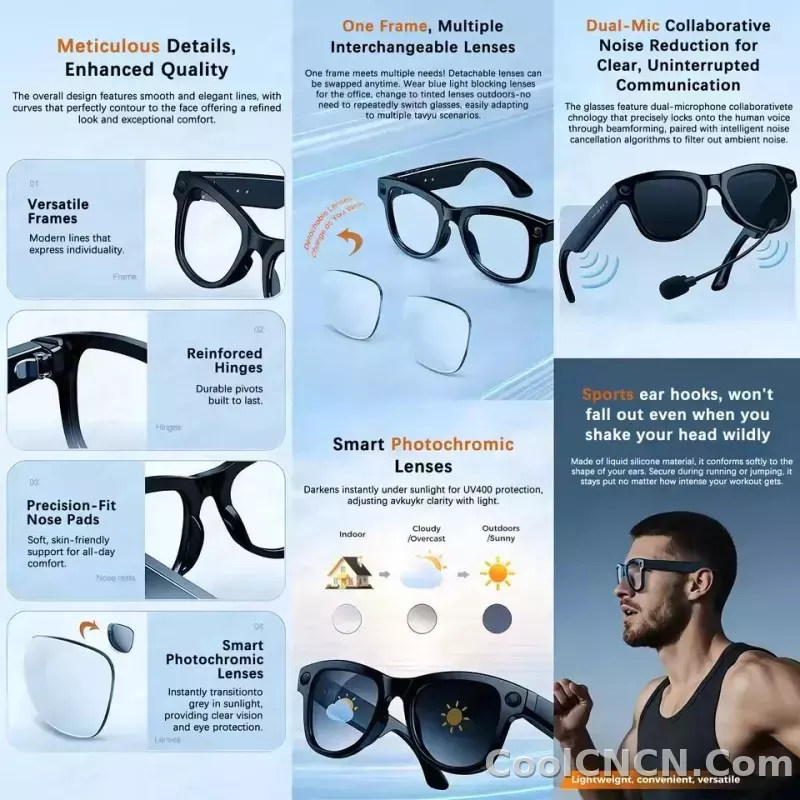 New 2026 AI Smart Glasses 1080P Camera Video Recorder Open Ear Bluetooth Audio Voice Control WiFi Sync Sports Glasses Men Use HD - detail