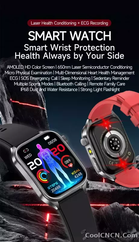 CoolWiz New Laser Therapy Smart Watch, ECG+PPG, Men’s 3D Curved Design, Sapphire Glass, Blood Pressure, Uric Acid, Lipids Monitoring, Sports smartwatch for outdoor activities and daily use - detail