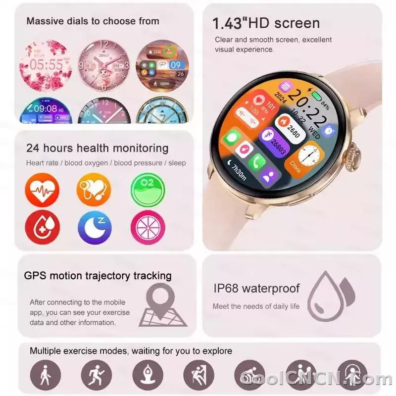 CoolWiz New Women’s Smart Watch, 1.43″ AMOLED HD Screen, GPS, Heart Rate Monitor, Bluetooth Calling, Waterproof, Outdoor Smart Watch for Women, Suitable for Sports, Outdoor Activities, and Daily Use