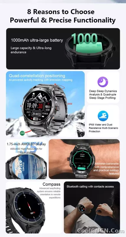 CoolWiz Smart Watch Military Grade with GPS for Men, 1000mAh Battery, 10 ATM Water Resistance, Compass, Blood Pressure Monitor, Call Function, Sports Smart Watch for Outdoor Activities and Everyday Use - detail