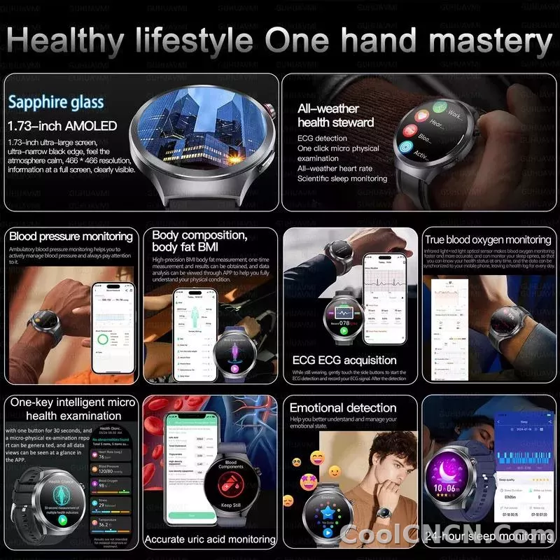 CoolWiz Smart Watch for Body Composition, Blood Pressure, NFC ECG + PPG, Body Temperature, Uric Acid, Lipids, Call Function; Waterproof Smart Watch for Men, suitable for outdoor sports and daily use - detail