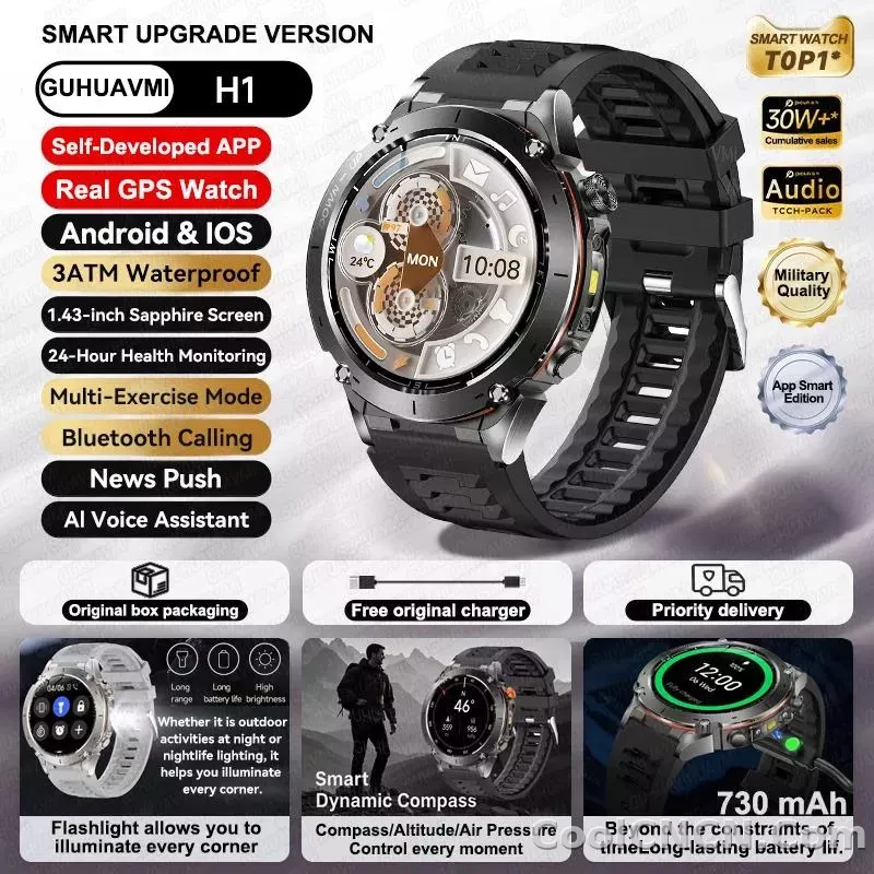 CoolWiz New Outdoor Military Smart Watch for Men with GPS, 3 ATM water resistance, AMOLED sports mode, 730 mAh battery, compass; fitness smartwatch for daily outdoor sports use - detail