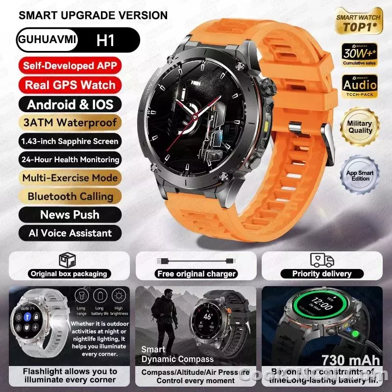 CoolWiz New Outdoor Military Smart Watch for Men with GPS, 3 ATM water resistance, AMOLED sports mode, 730 mAh battery, compass; fitness smartwatch for daily outdoor sports use - detail