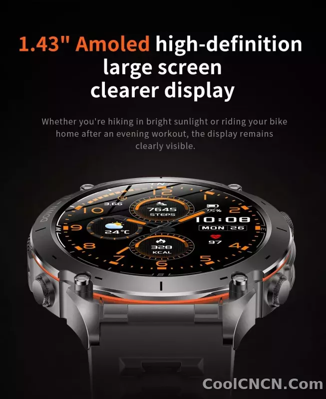 CoolWiz New Outdoor Military Smart Watch for Men with GPS, 3 ATM water resistance, AMOLED sports mode, 730 mAh battery, compass; fitness smartwatch for daily outdoor sports use - detail