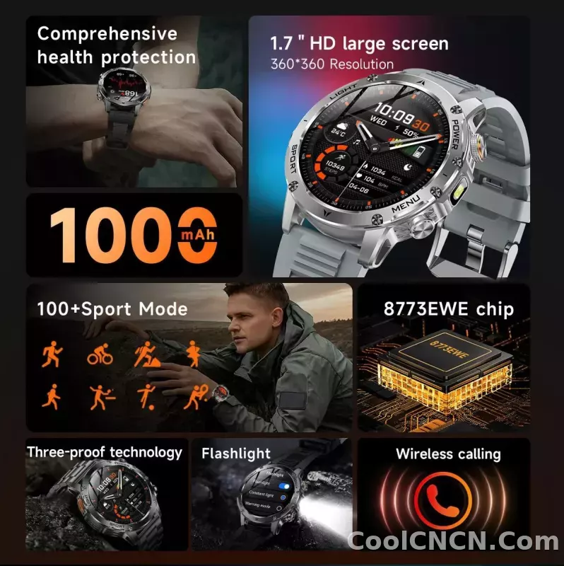 CoolWiz Original T Rex 3 Ultra Military GPS smartwatch with trajectory tracking and compass, 1000 mAh battery, 5 ATM water resistance; smart sports watch for men and women, suitable for outdoor sports and everyday use - detail