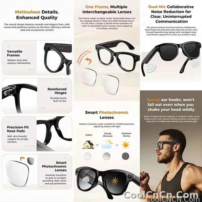 CoolWiz Smart Glasses Baru 3600MAh Pengecas Mudah Alih M02ultra Wanita 800W Kamera AI Terjemahan Rakaman Video Pemain Muzik Cermin Mata Panggilan Lelaki Untuk Sukan Luar Penggunaan Harian - detail
