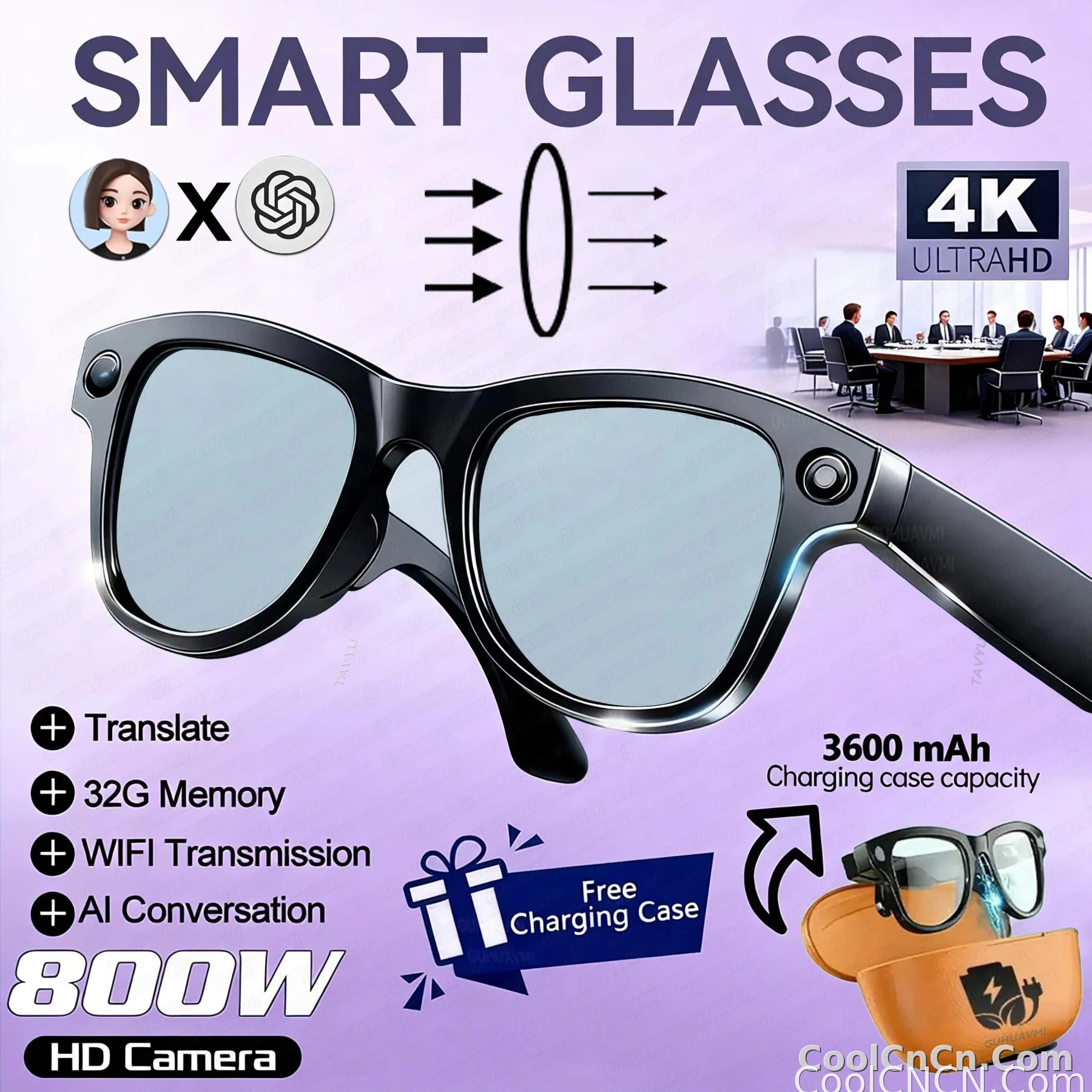 CoolWiz Smart Glasses Baru 3600MAh Pengecas Mudah Alih M02ultra Wanita 800W Kamera AI Terjemahan Rakaman Video Pemain Muzik Cermin Mata Panggilan Lelaki Untuk Sukan Luar Penggunaan Harian - detail