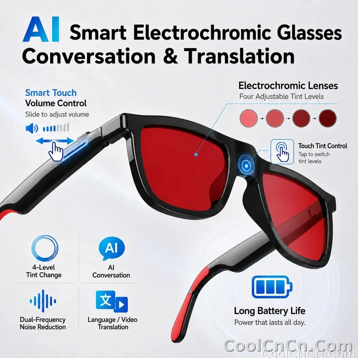 CoolWiz Smart Glasses, 4 Levels Electrochromic — New Business Style for Men, 164+ Translation Languages via ChatGPT, Black Sunglasses, Waterproof, suitable for outdoor sports and everyday use - detail