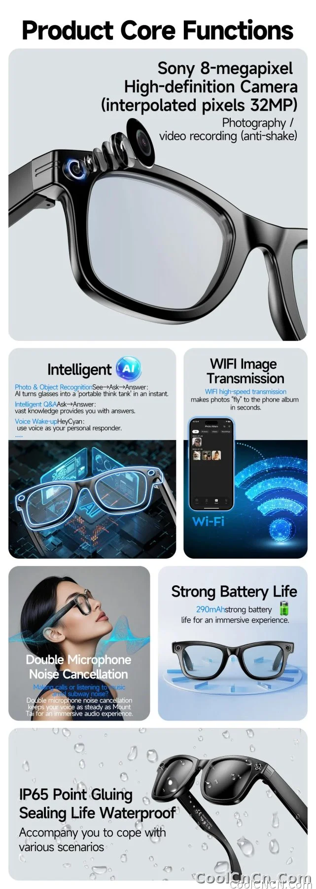 CoolWiz smart glasses with a 1080P video camera, black sunglasses, Bluetooth call translation, music playback, recording, men’s photochromic glasses for outdoor sports and everyday use - detail