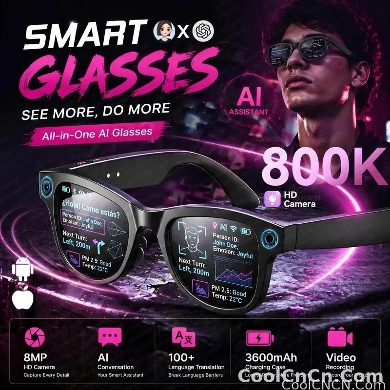 CoolWizNew 3600MAh Sarung Pengecas Cermin Mata Pintar AI Lelaki 800W Kamera Pixel 1080P Video POV 100+Terjemahan Pembantu AI Cermin Mata Hitam IOS Untuk Sukan Luar Penggunaan Harian - detail