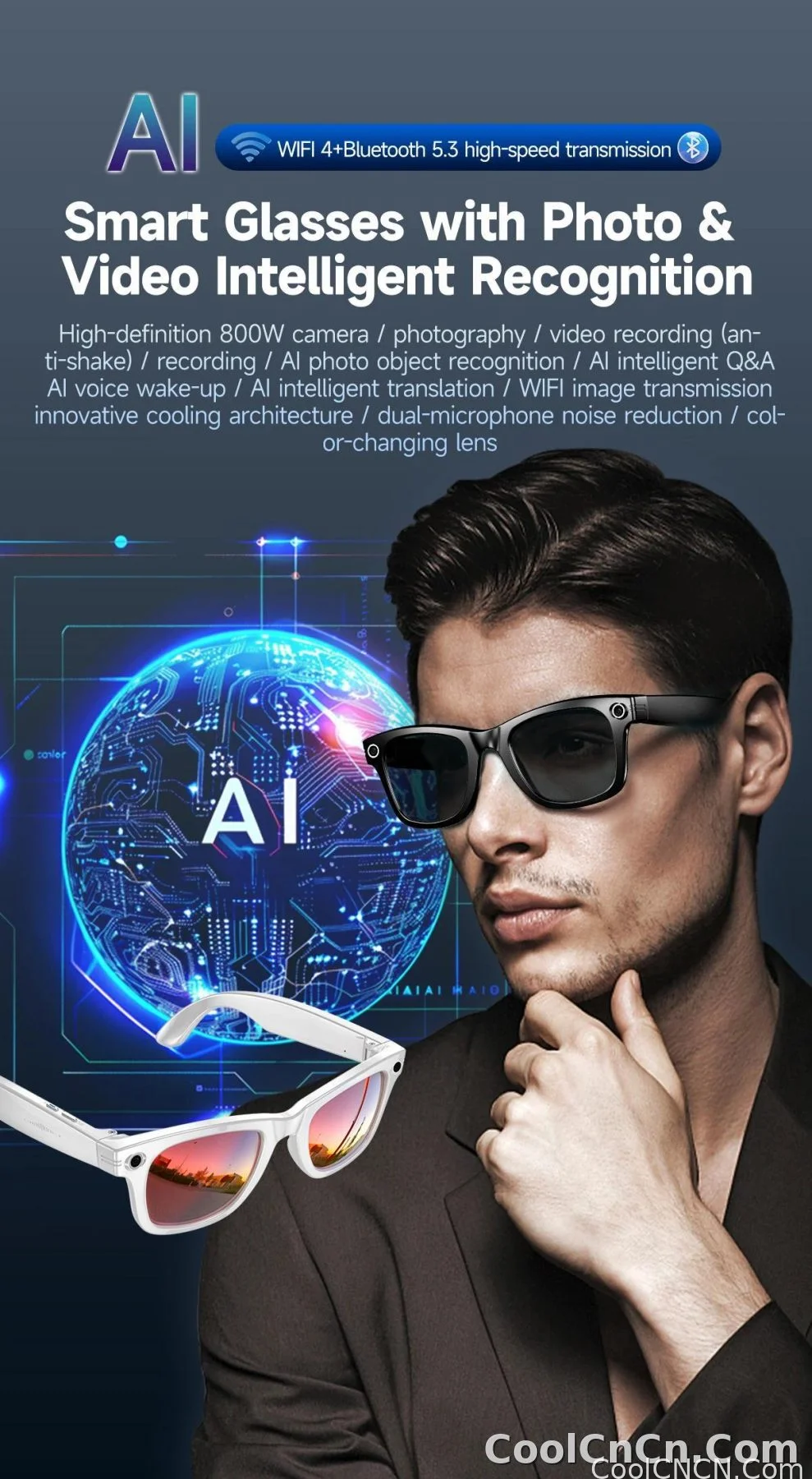 New Upgrade Smart Glasees With Camera Video Recording Languages Bluetooth Call Translation Voice Sunglasses - detail