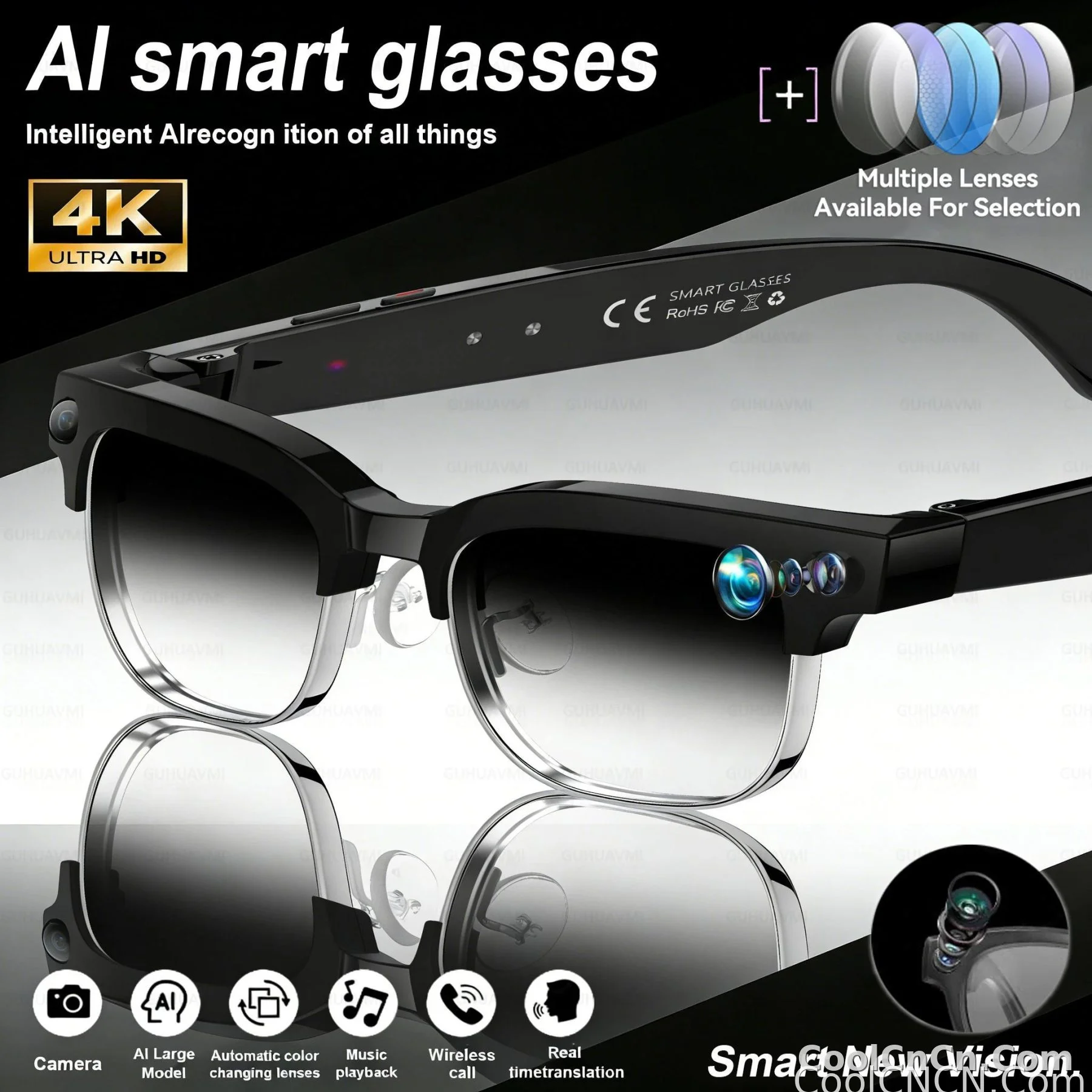 2026New AI Smart Glasses 800W Pixel Camera Various Language Translation Video Music BT Call Business 4K Color Change Glasses Men