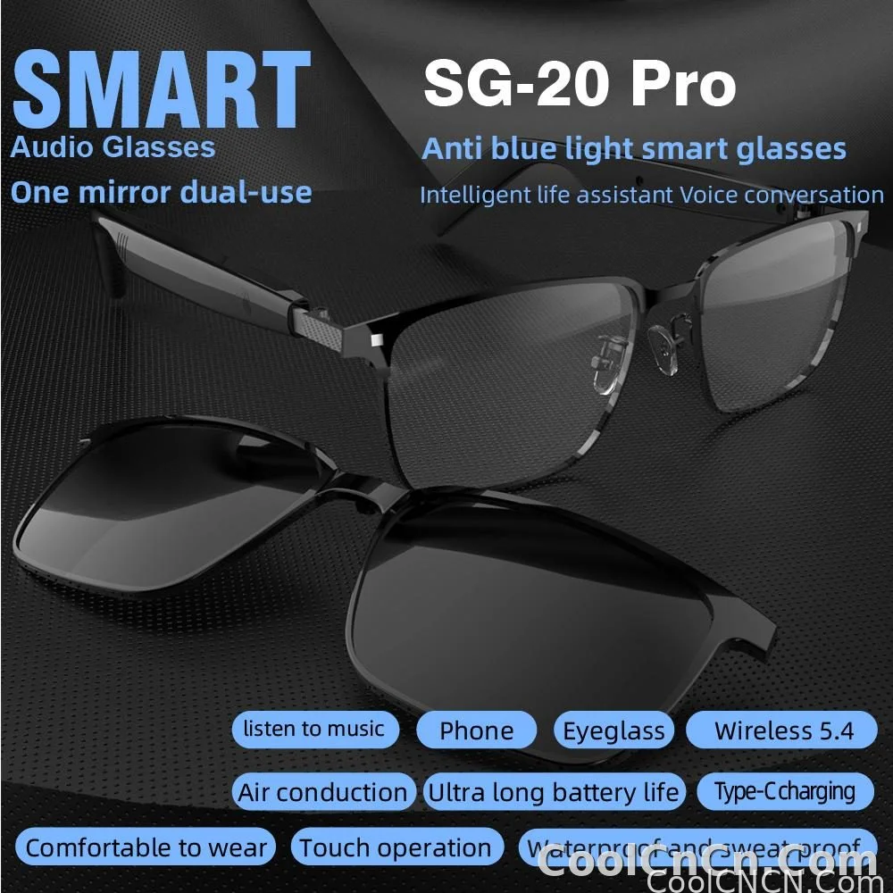 SG-20 Pro TWS 2-in-1 Smart Bluetooth Glasses - Convertible Sunglasses & Clear Lenses, Wireless Audio, Touch Control - detail