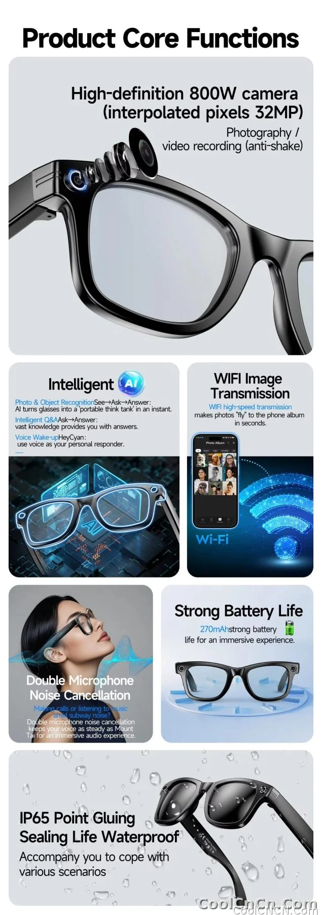 W610 AI Smart Glasses with Video Camera 800W Outdoor Sunglasses Wi-Fi Transfer BT Calling Audio Record Smart Wearable Headset - detail