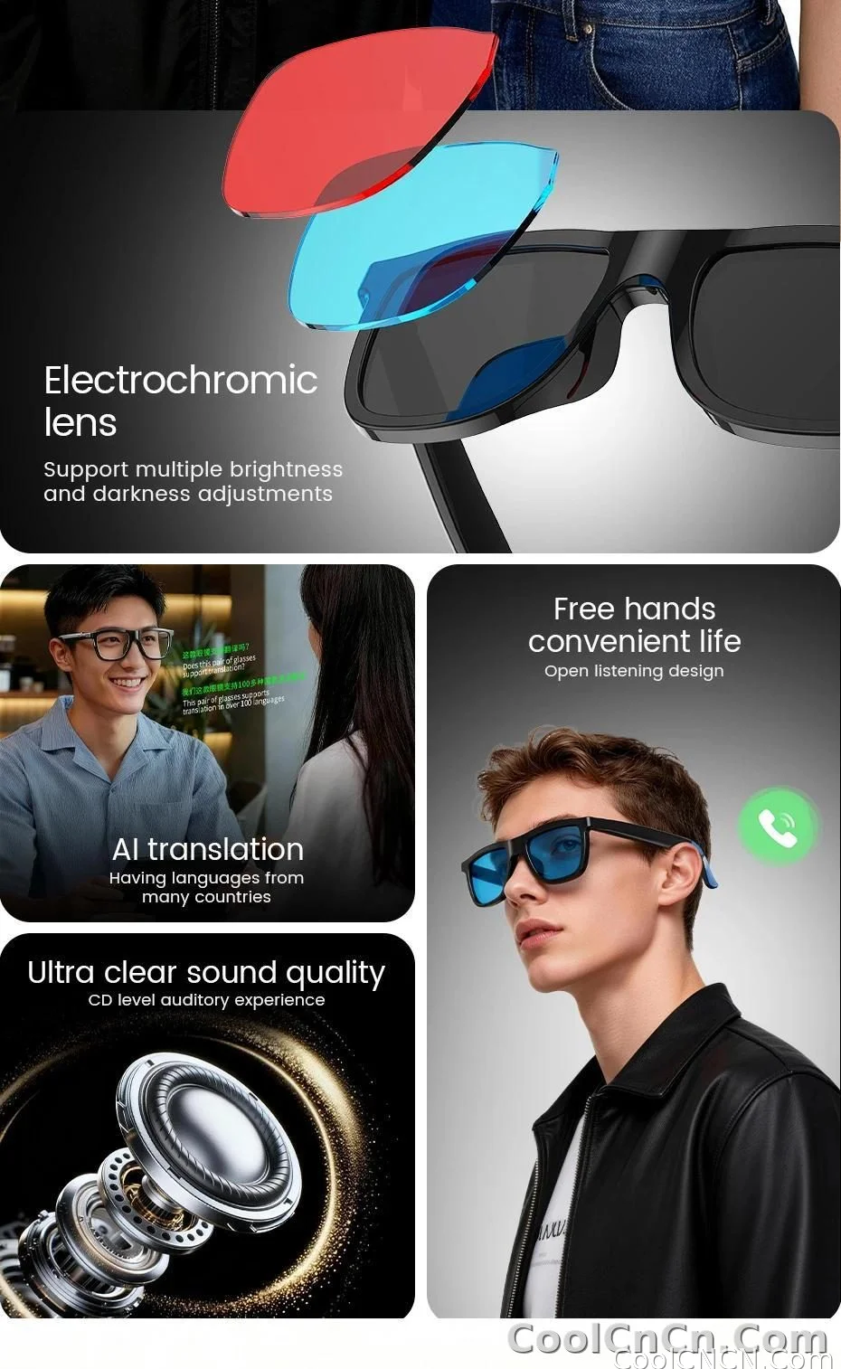New 2026 Pro Smart Sunglasses Bluetooth AI Voice Assistant Translation HD Audio ENC Dual Mic Touch Color Change IP65 TR90 Frame - detail