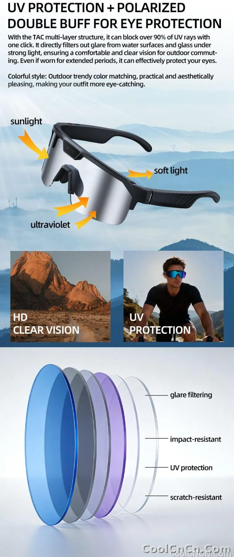 2026 Smart Cycling Glasses Sun Protection Listening to Music Taking Photo and Video AI Translation Voice Assistant Smart Glasses - detail